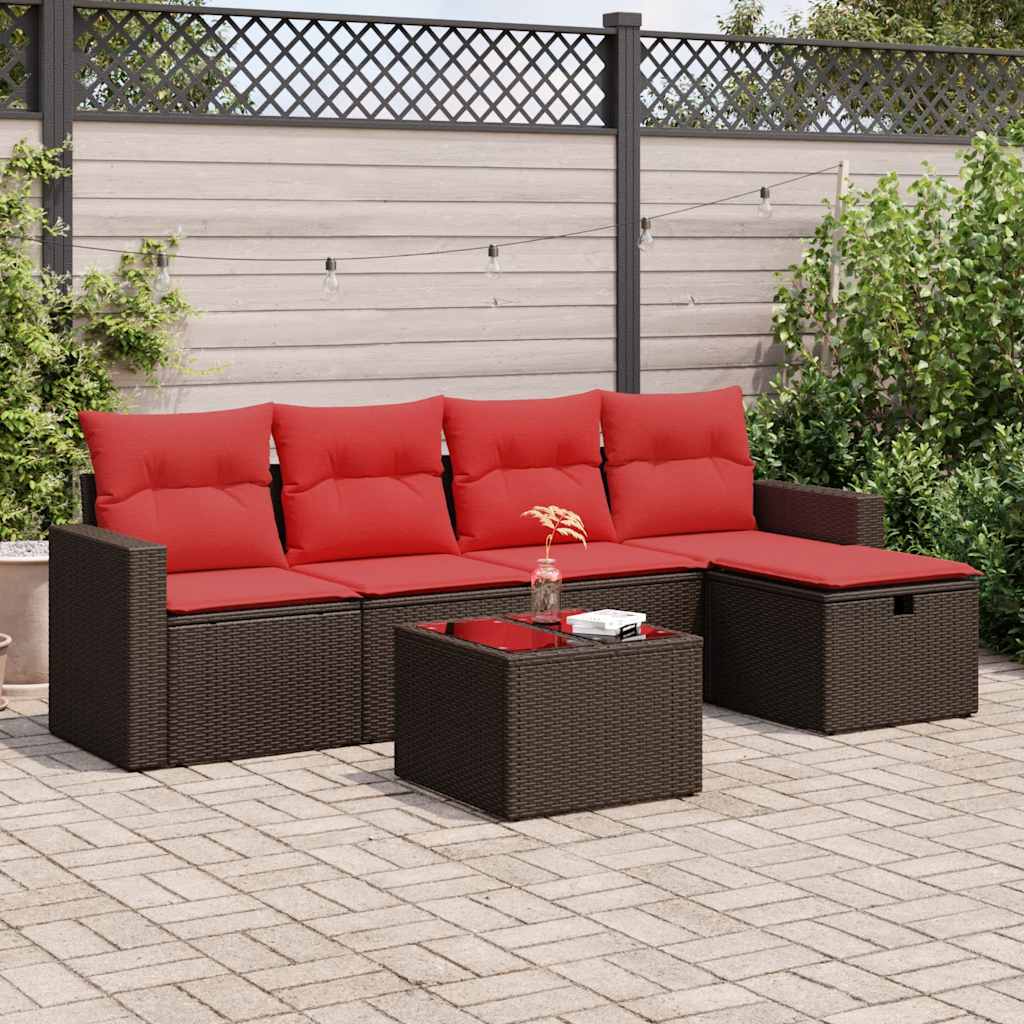 6-delige Loungeset met kussens poly rattan bruin