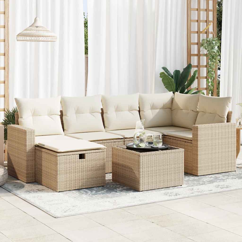 7-delige Loungeset met kussens poly rattan beige – afbeelding 1