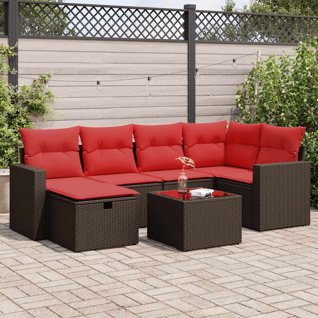 7-delige Loungeset met kussens poly rattan bruin – afbeelding 1