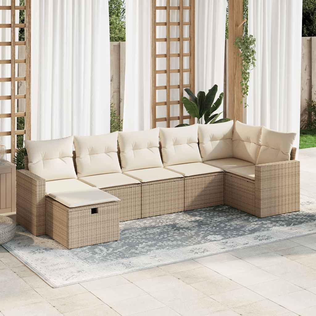 7-delige Loungeset met kussens poly rattan beige – afbeelding 1