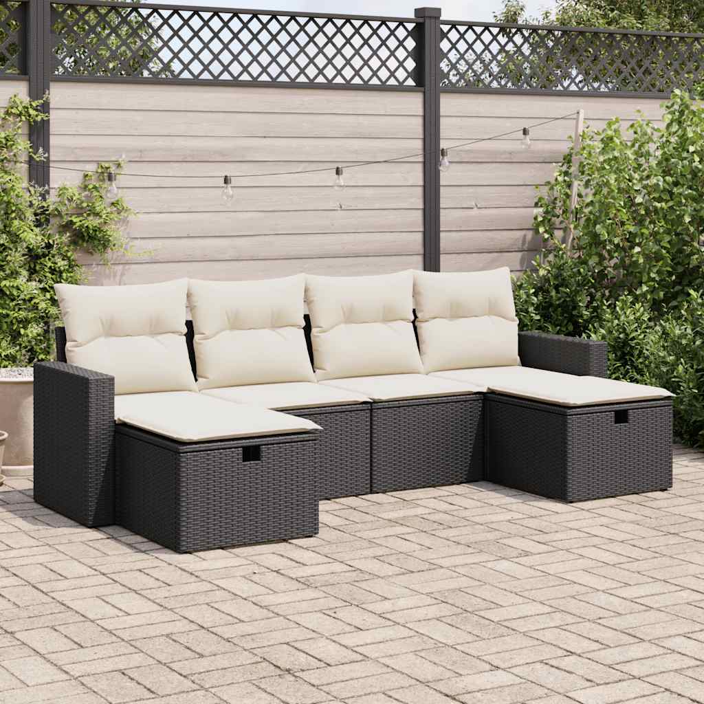 6-delige Loungeset met kussens poly rattan zwart – afbeelding 1
