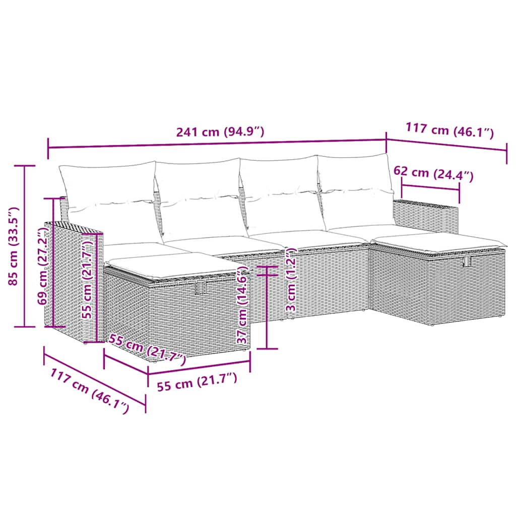 6-delige Loungeset met kussens poly rattan zwart – afbeelding 12