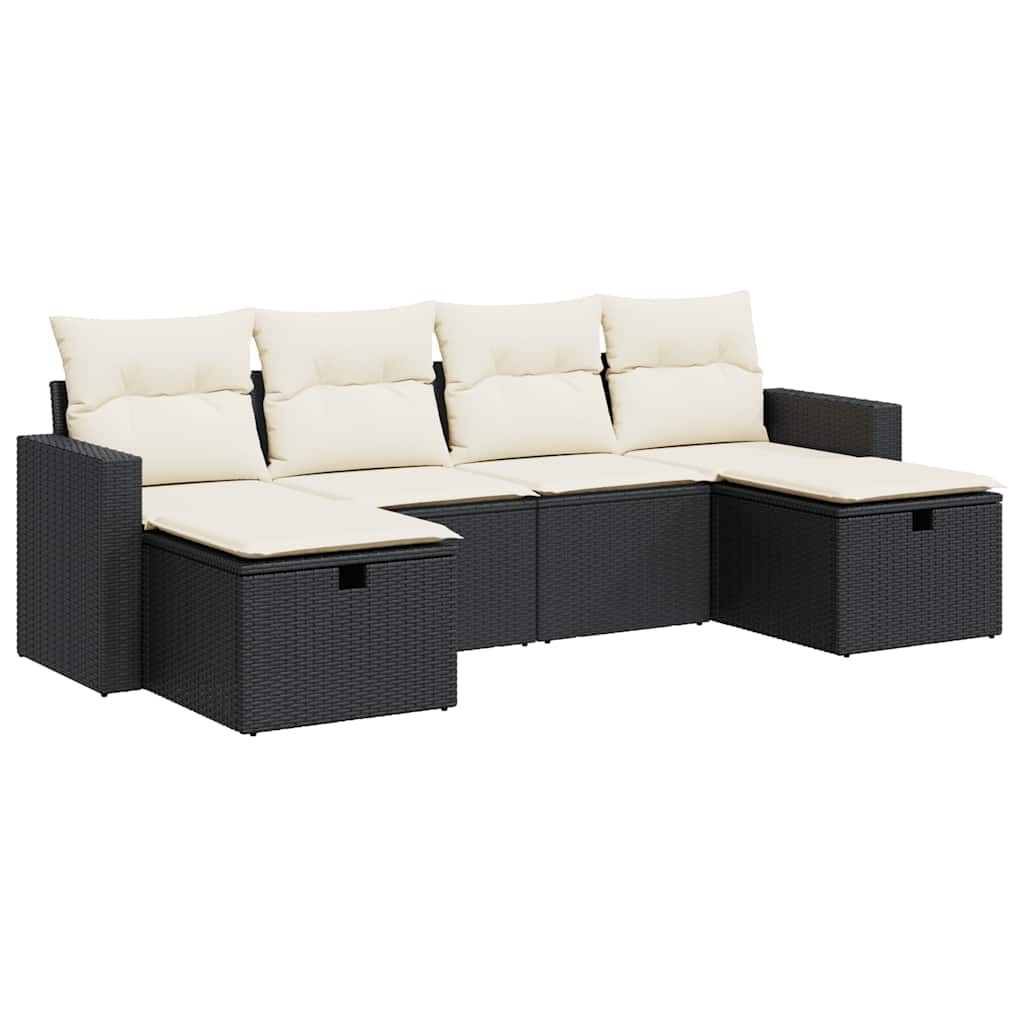 6-delige Loungeset met kussens poly rattan zwart – afbeelding 2