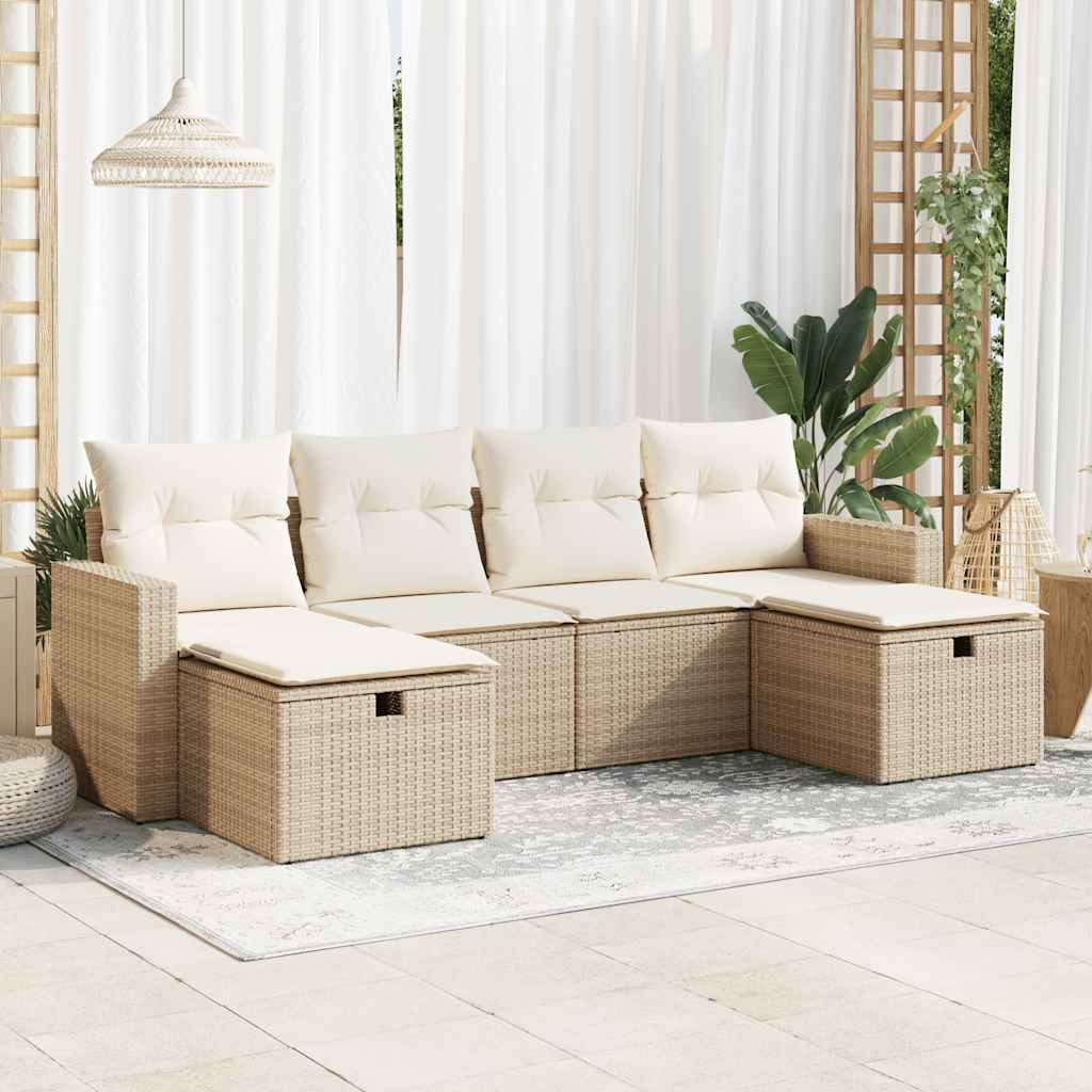 6-delige Loungeset met kussens poly rattan beige – afbeelding 1