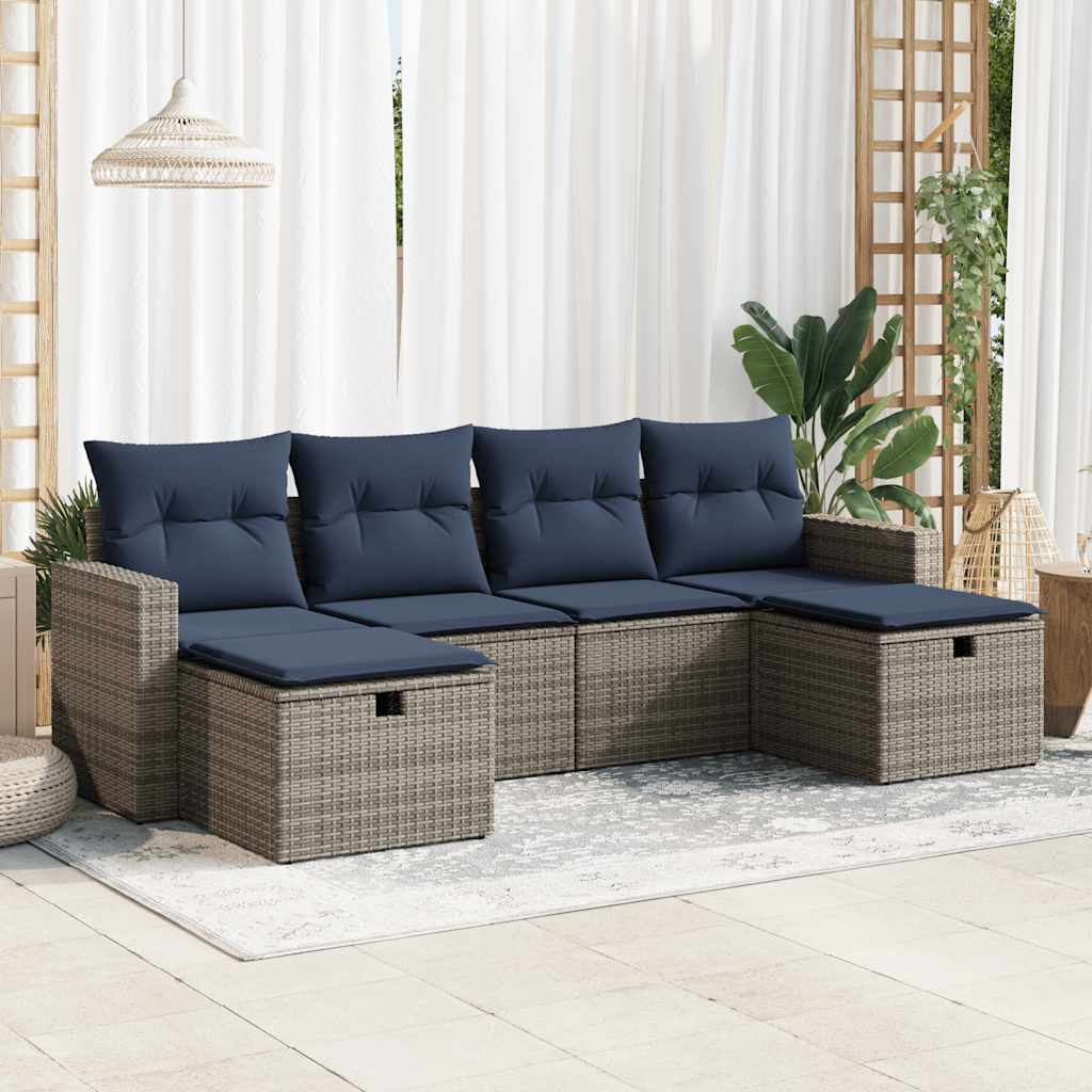 6-delige Loungeset met kussens poly rattan grijs – afbeelding 1