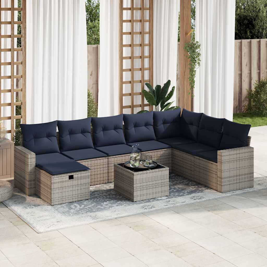 9-delige Loungeset met kussens poly rattan grijs – afbeelding 1