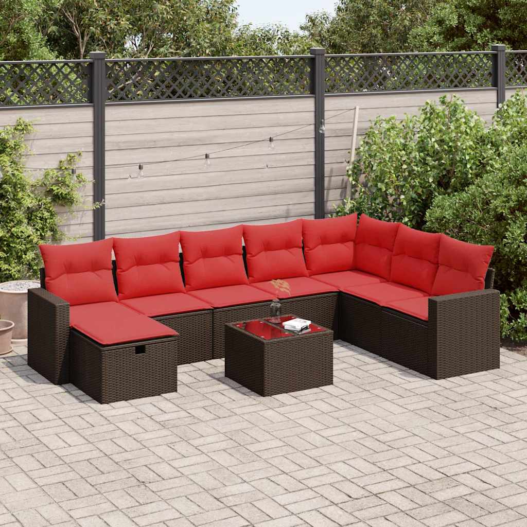 9-delige Loungeset met kussens poly rattan bruin – afbeelding 1