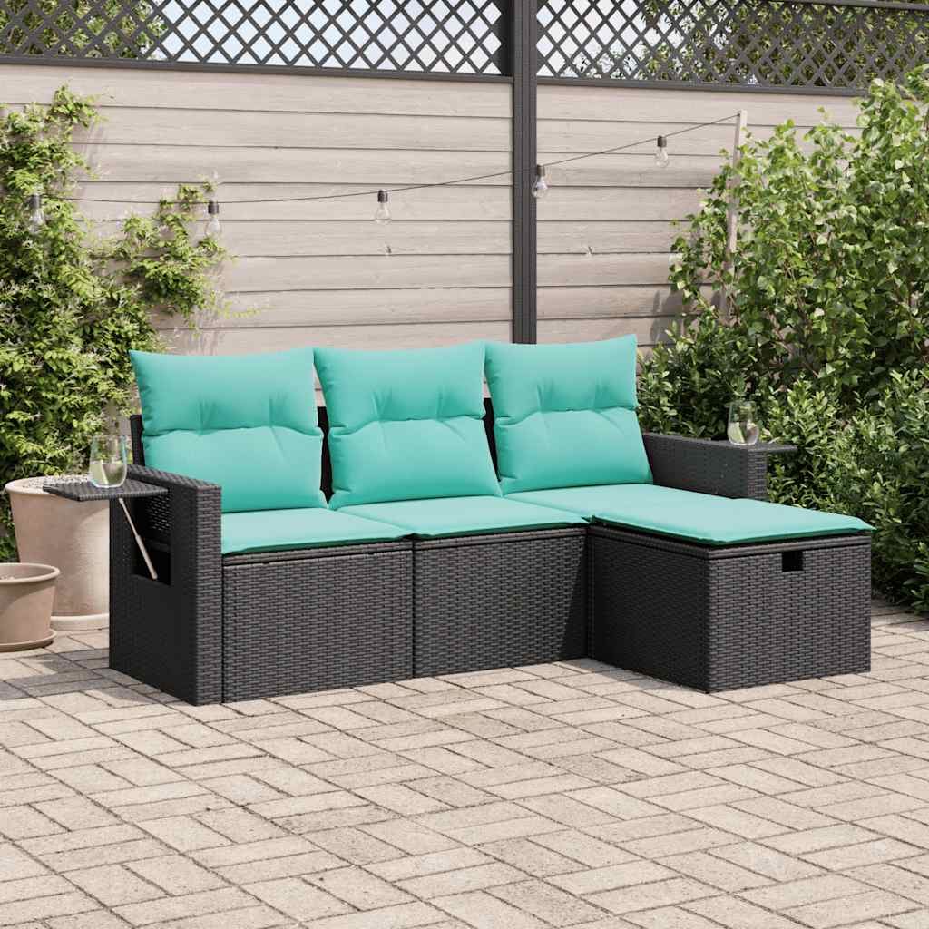 4-delige Loungeset met kussens poly rattan zwart – afbeelding 1
