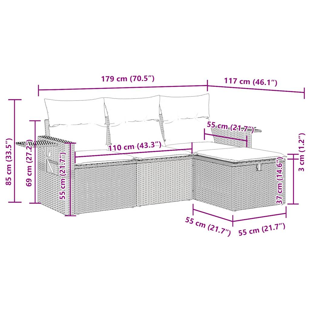 4-delige Loungeset met kussens poly rattan zwart – afbeelding 12