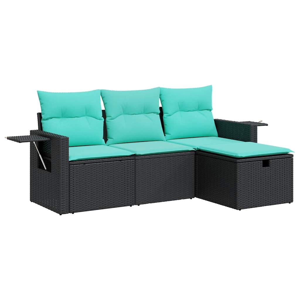4-delige Loungeset met kussens poly rattan zwart – afbeelding 2