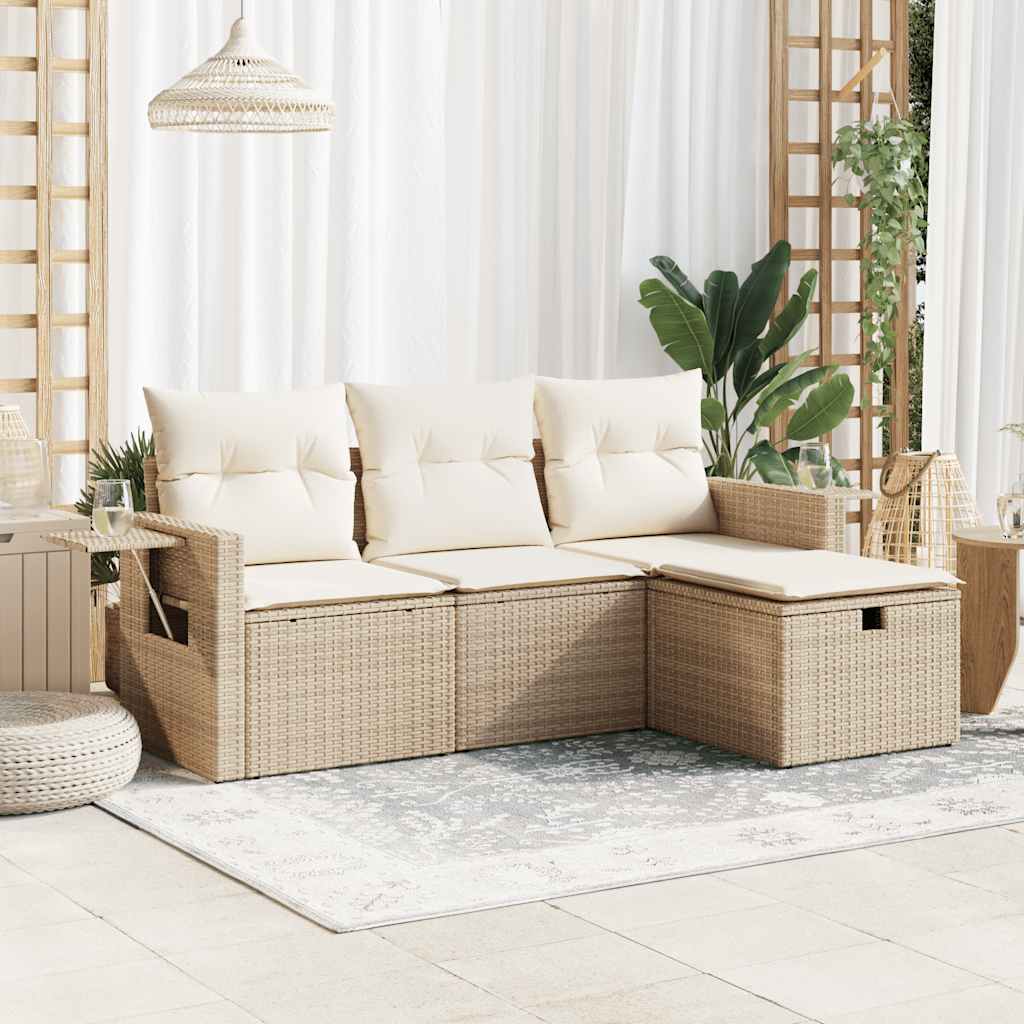 4-delige Loungeset met kussens poly rattan beige – afbeelding 1