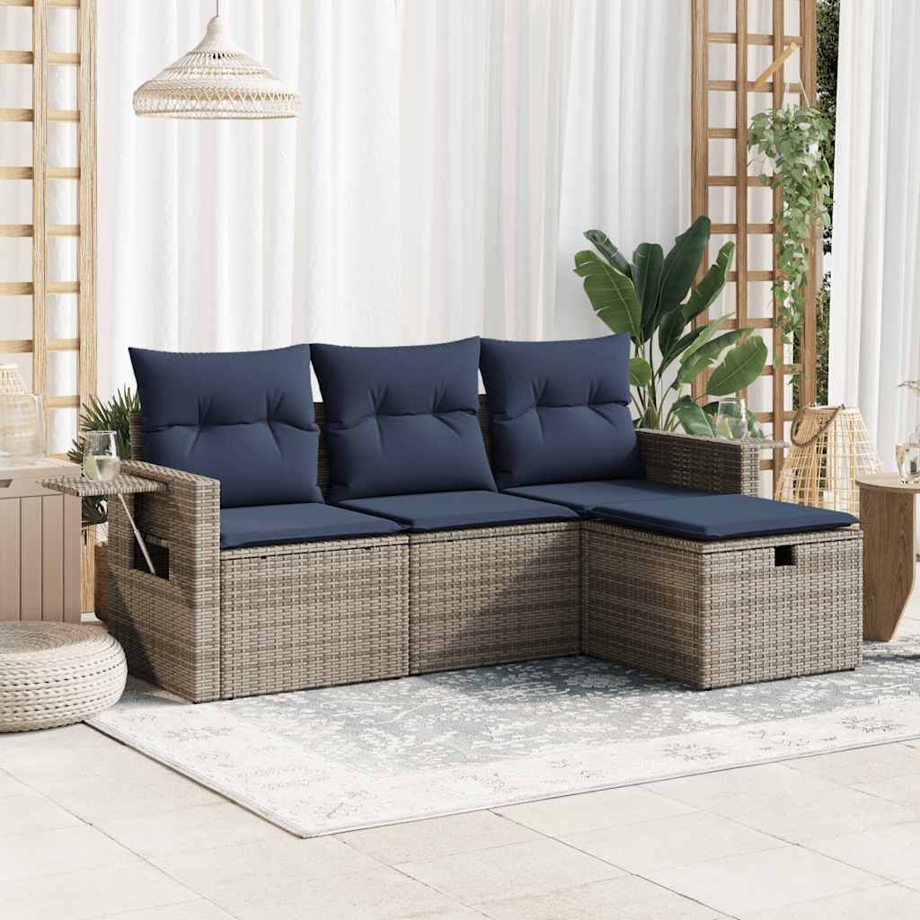 4-delige Loungeset met kussens poly rattan grijs – afbeelding 1
