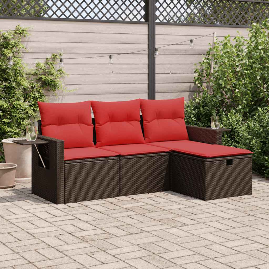4-delige Loungeset met kussens poly rattan bruin – afbeelding 1