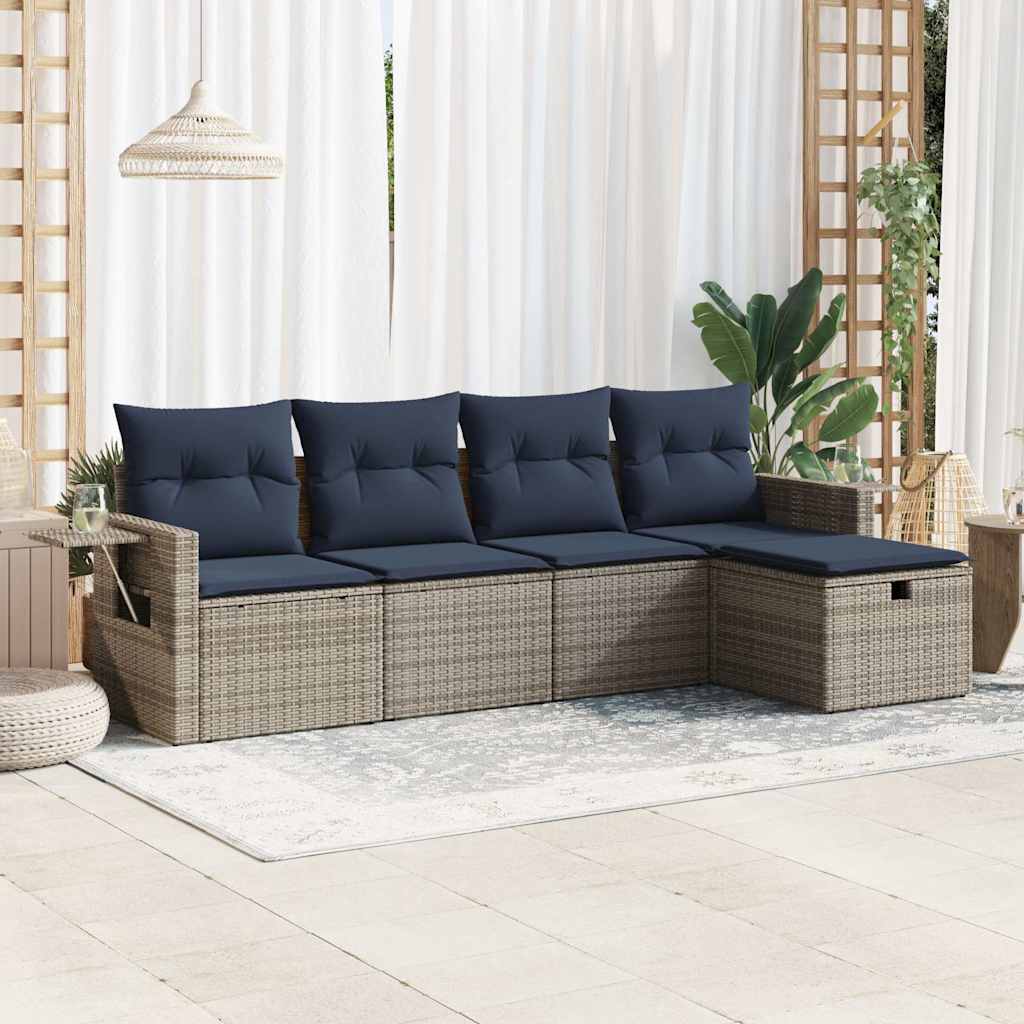 5-delige Loungeset met kussens poly rattan grijs – afbeelding 1