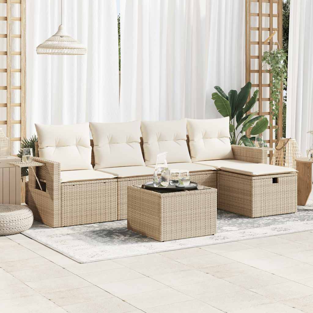 6-delige Loungeset met kussens poly rattan beige – afbeelding 1