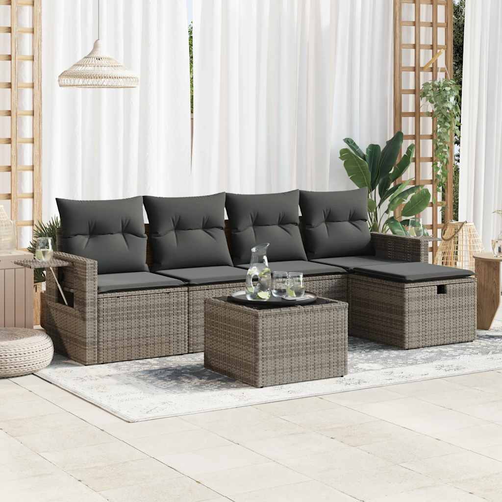 6-delige Loungeset met kussens poly rattan grijs