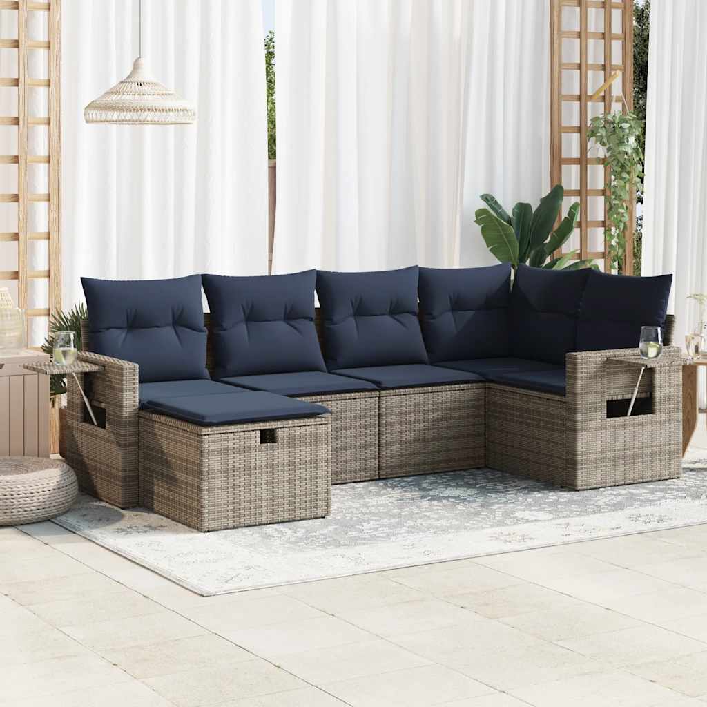 6-delige Loungeset met kussens poly rattan grijs – afbeelding 1