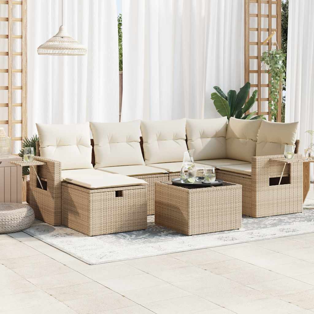 7-delige Loungeset met kussens poly rattan beige – afbeelding 1