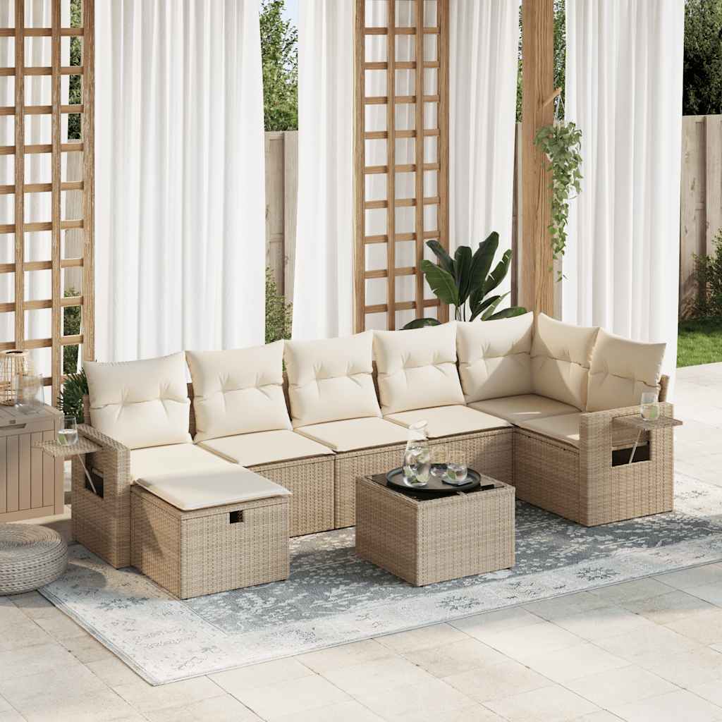 8-delige Loungeset met kussens poly rattan beige – afbeelding 1