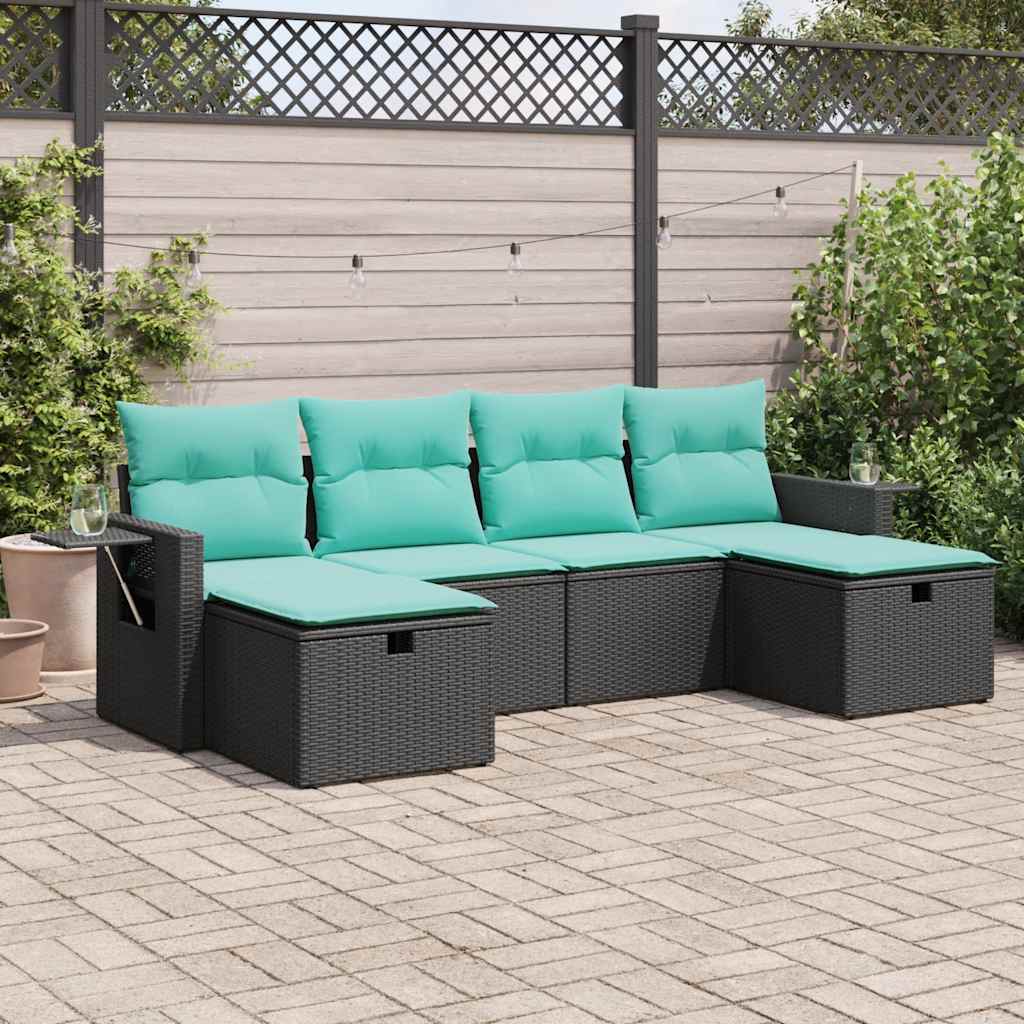 6-delige Loungeset met kussens poly rattan zwart – afbeelding 1