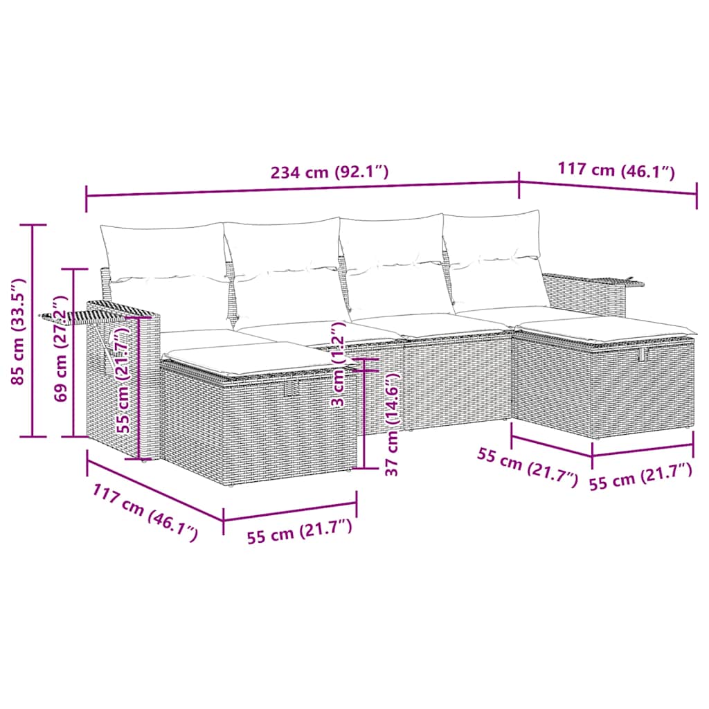 6-delige Loungeset met kussens poly rattan zwart – afbeelding 12