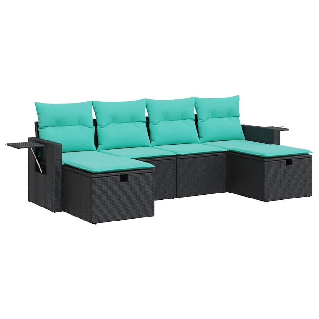 6-delige Loungeset met kussens poly rattan zwart – afbeelding 2