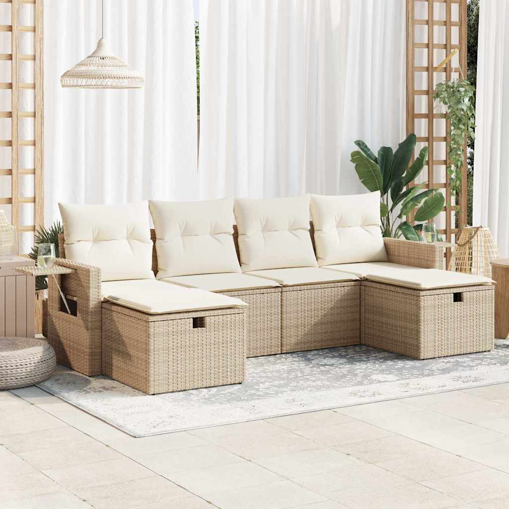 6-delige Loungeset met kussens poly rattan beige – afbeelding 1
