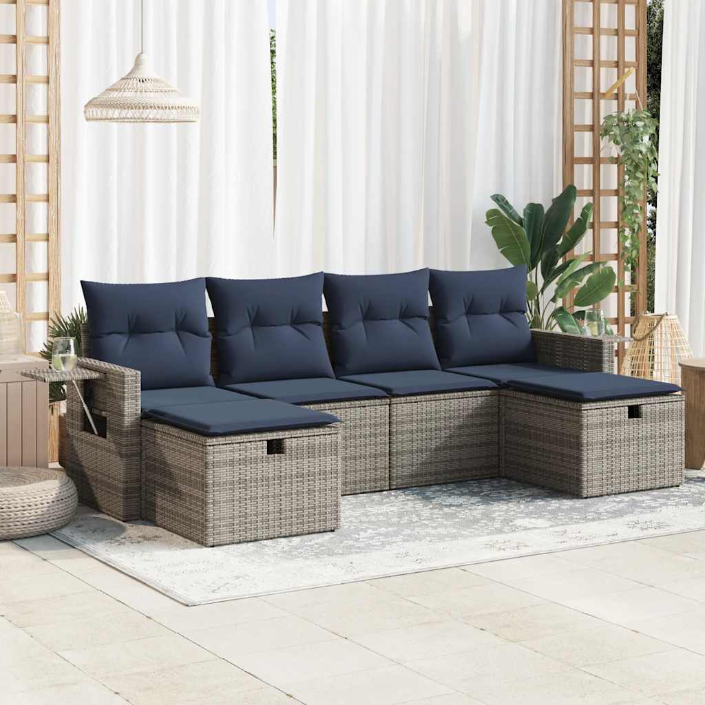 6-delige Loungeset met kussens poly rattan grijs – afbeelding 1