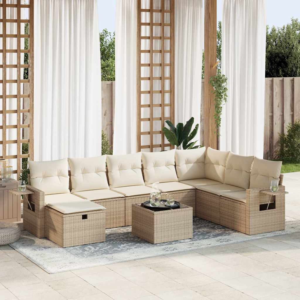 9-delige Loungeset met kussens poly rattan beige