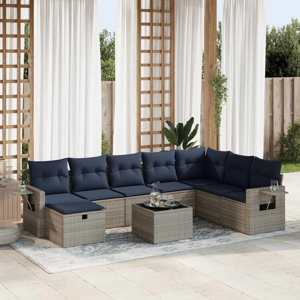 9-delige Loungeset met kussens poly rattan grijs – afbeelding 1