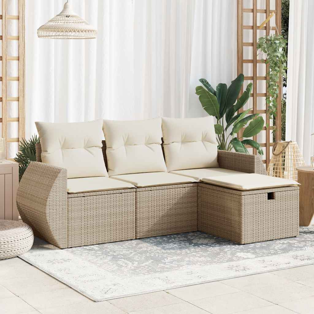 4-delige Loungeset met kussens poly rattan beige – afbeelding 1