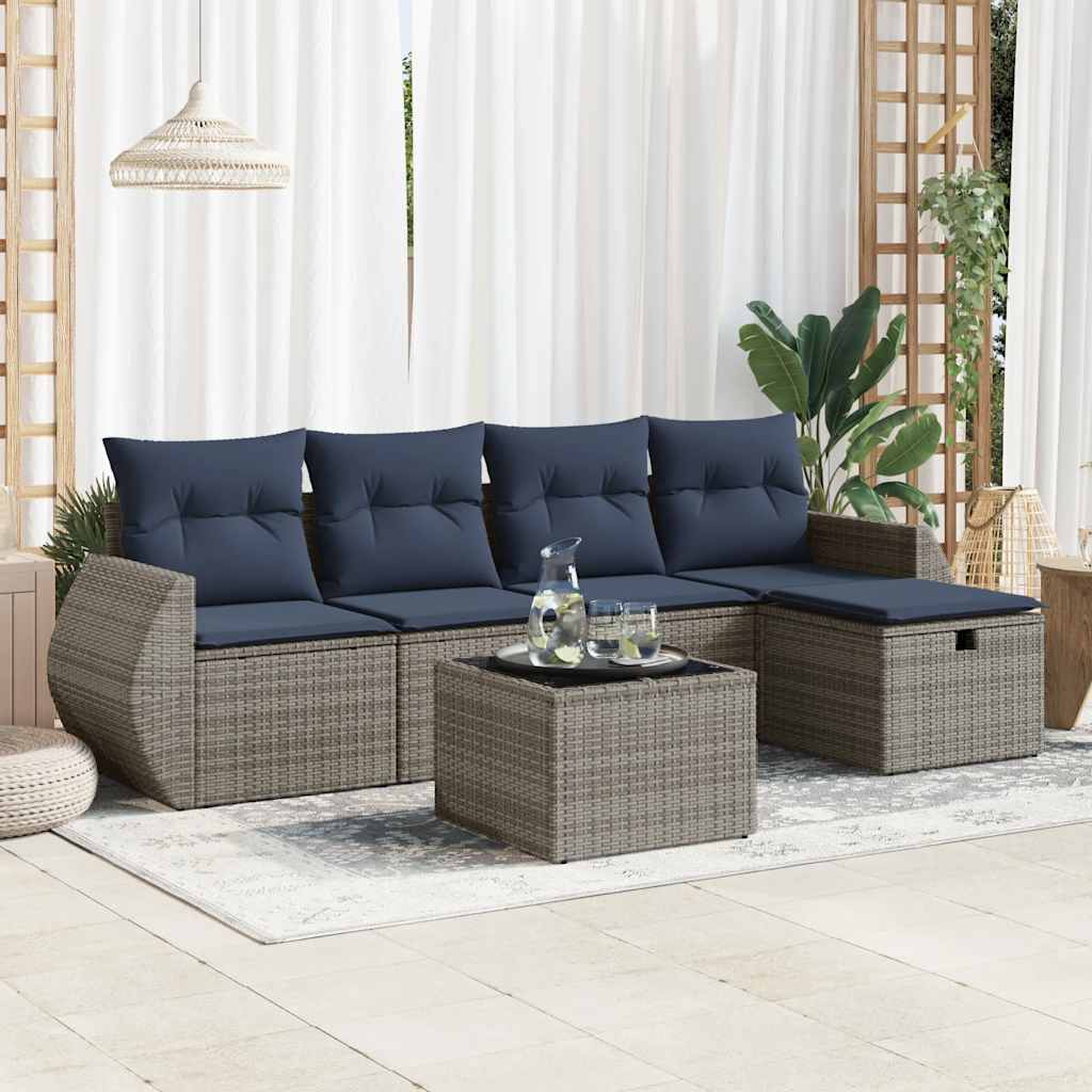 6-delige Loungeset met kussens poly rattan grijs – afbeelding 1