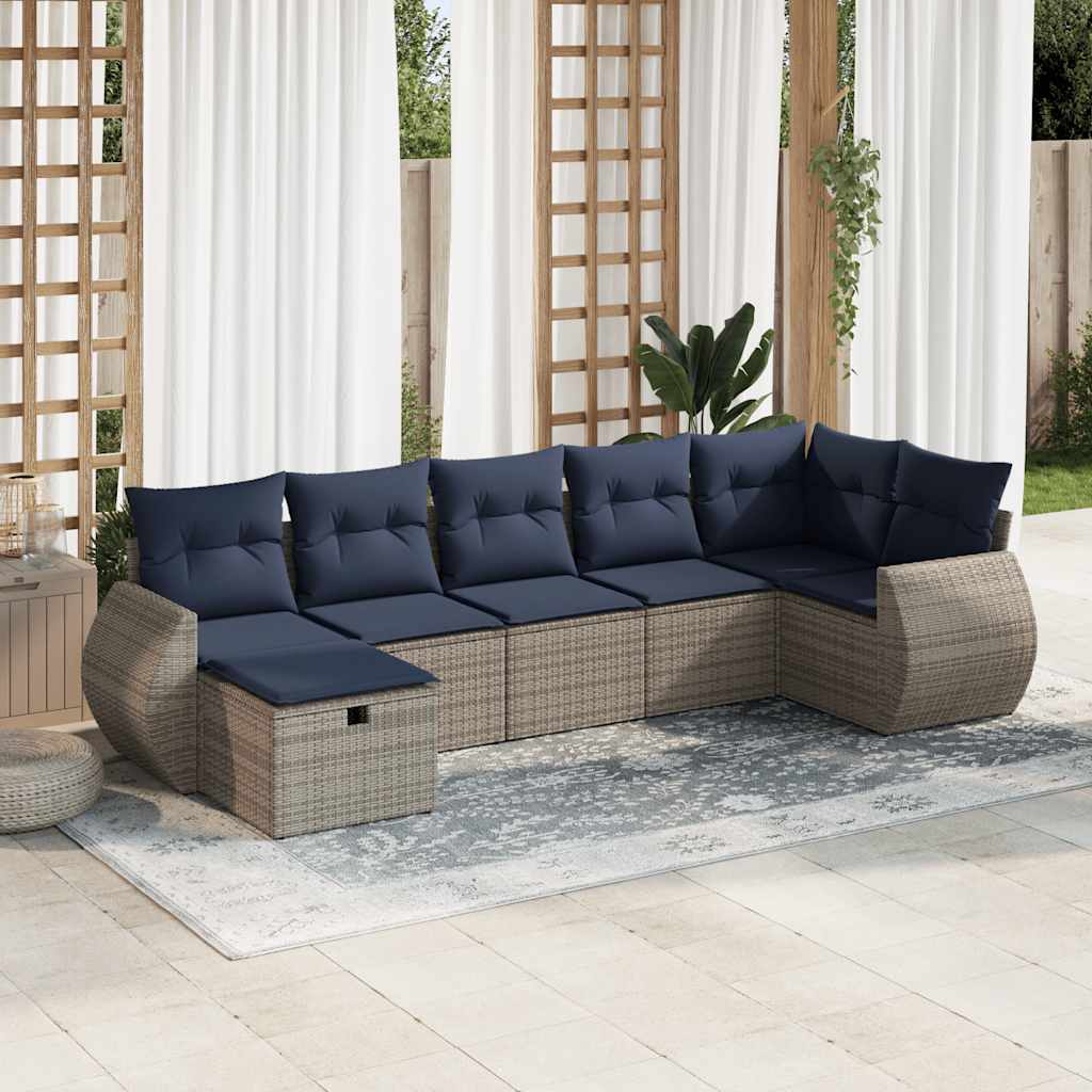 7-delige Loungeset met kussens poly rattan grijs – afbeelding 1