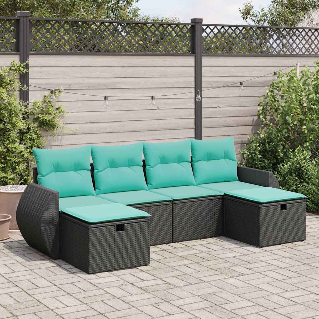 6-delige Loungeset met kussens poly rattan zwart – afbeelding 1