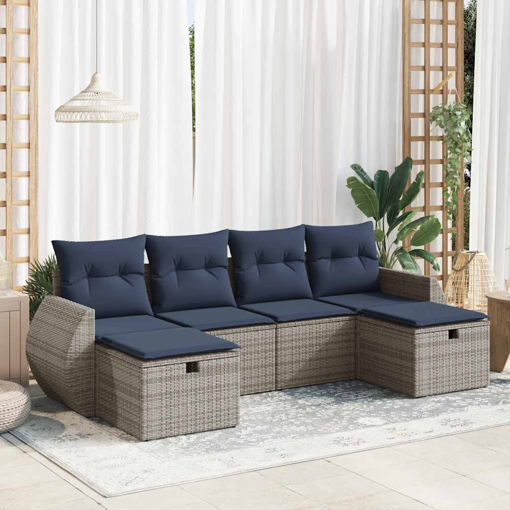 6-delige Loungeset met kussens poly rattan grijs – afbeelding 1