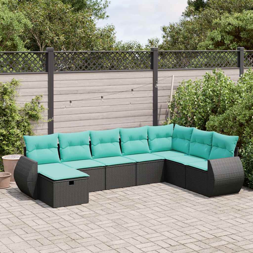 8-delige Loungeset met kussens poly rattan zwart – afbeelding 1