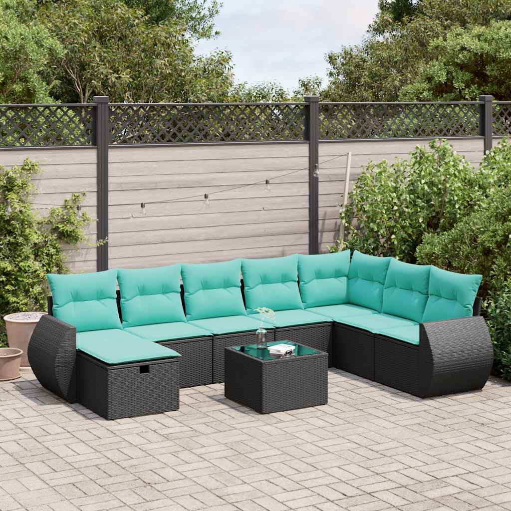 9-delige Loungeset met kussens poly rattan zwart – afbeelding 1