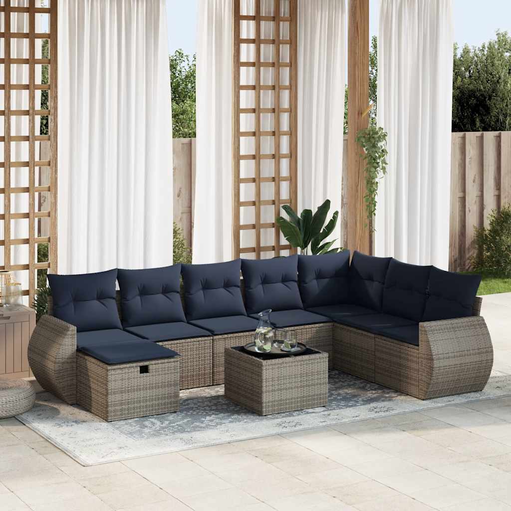 9-delige Loungeset met kussens poly rattan grijs – afbeelding 1