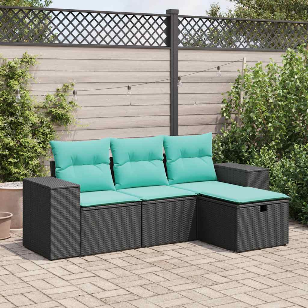 4-delige Loungeset met kussens poly rattan zwart – afbeelding 1