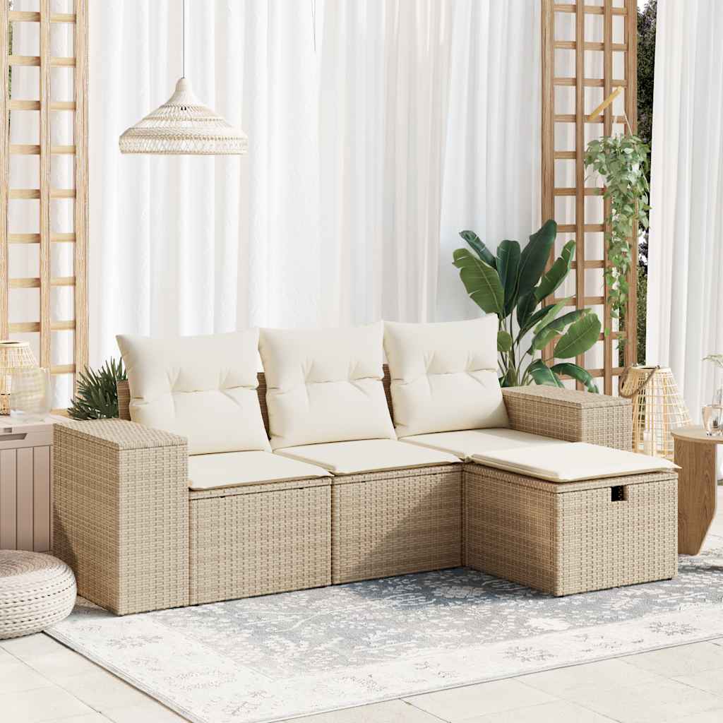 4-delige Loungeset met kussens poly rattan beige – afbeelding 1