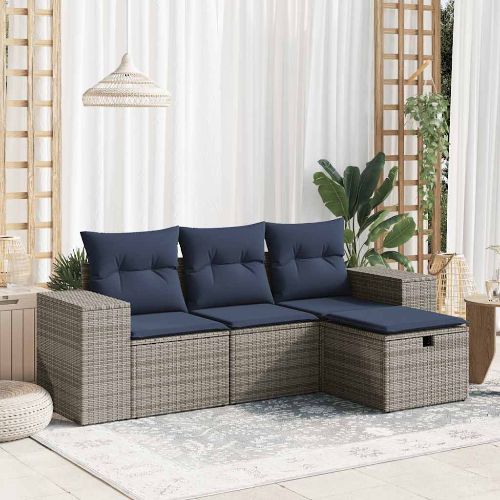 4-delige Loungeset met kussens poly rattan grijs – afbeelding 1