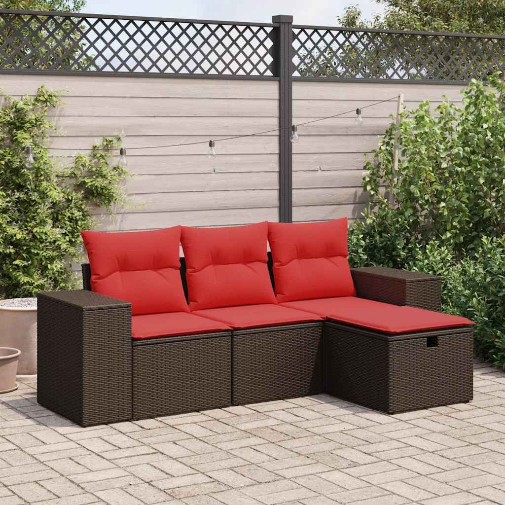 4-delige Loungeset met kussens poly rattan bruin – afbeelding 1