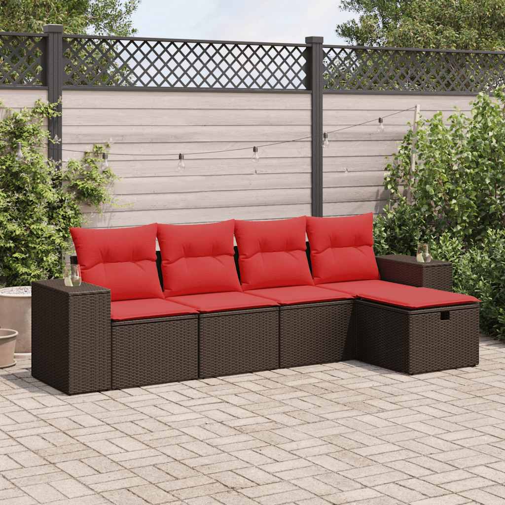 5-delige Loungeset met kussens poly rattan bruin – afbeelding 1