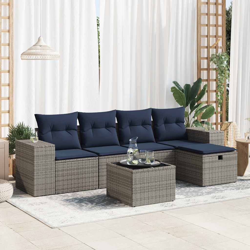 6-delige Loungeset met kussens poly rattan grijs – afbeelding 1