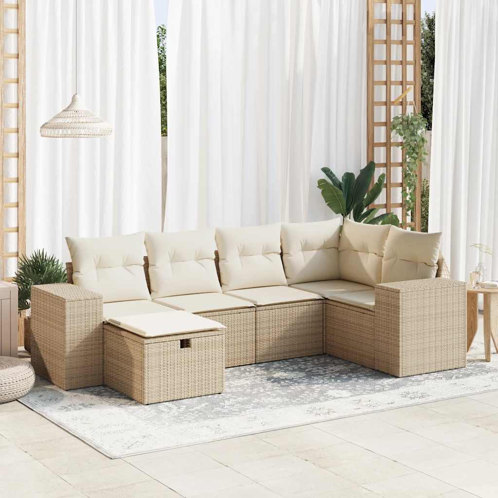 6-delige Loungeset met kussens poly rattan beige – afbeelding 1