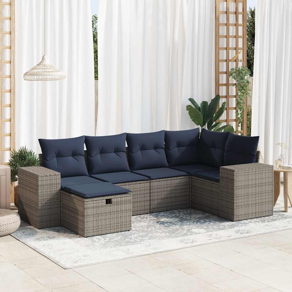 6-delige Loungeset met kussens poly rattan grijs