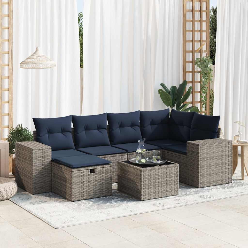 7-delige Loungeset met kussens poly rattan grijs – afbeelding 1