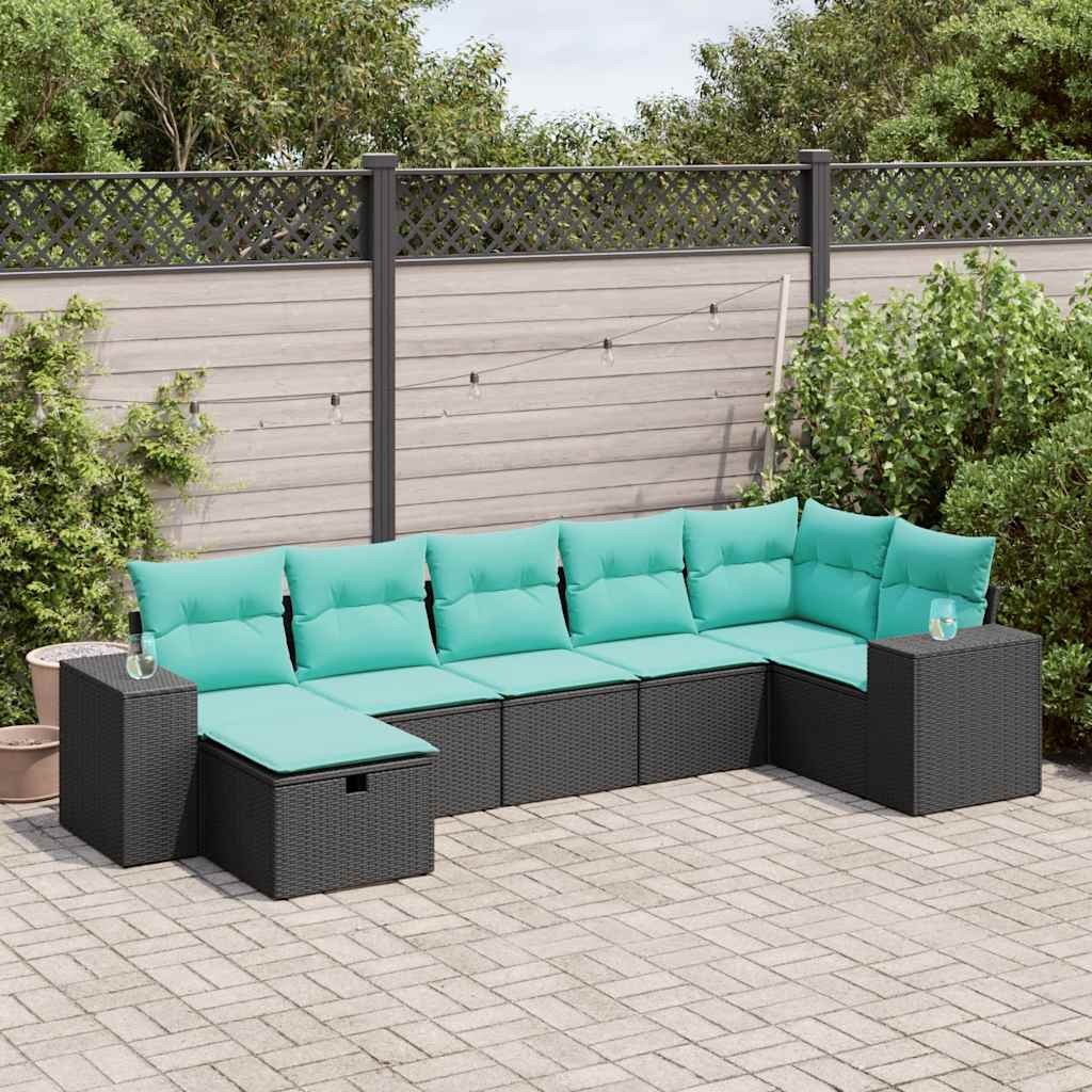 7-delige Loungeset met kussens poly rattan zwart – afbeelding 1