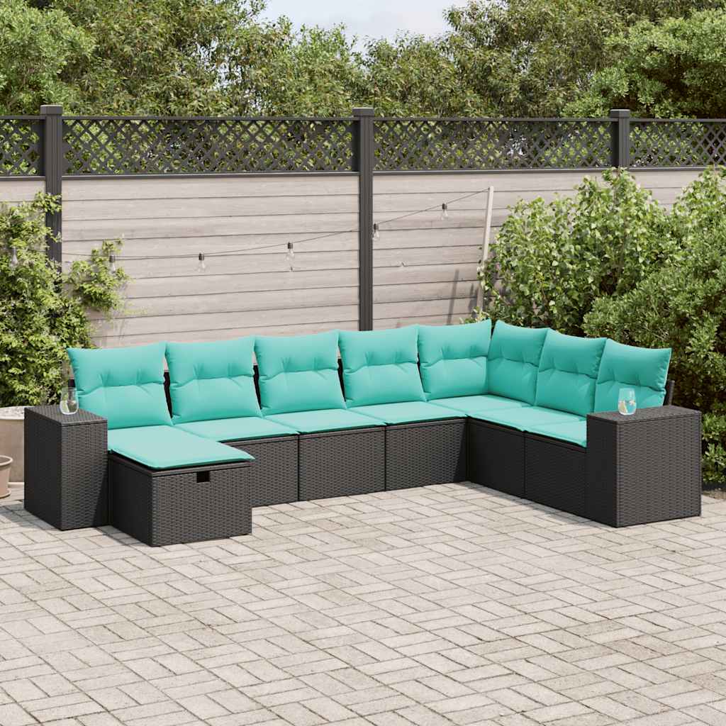 8-delige Loungeset met kussens poly rattan zwart – afbeelding 1