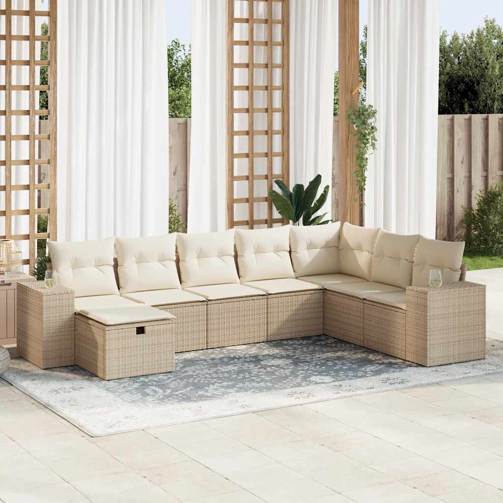 8-delige Loungeset met kussens poly rattan beige – afbeelding 1